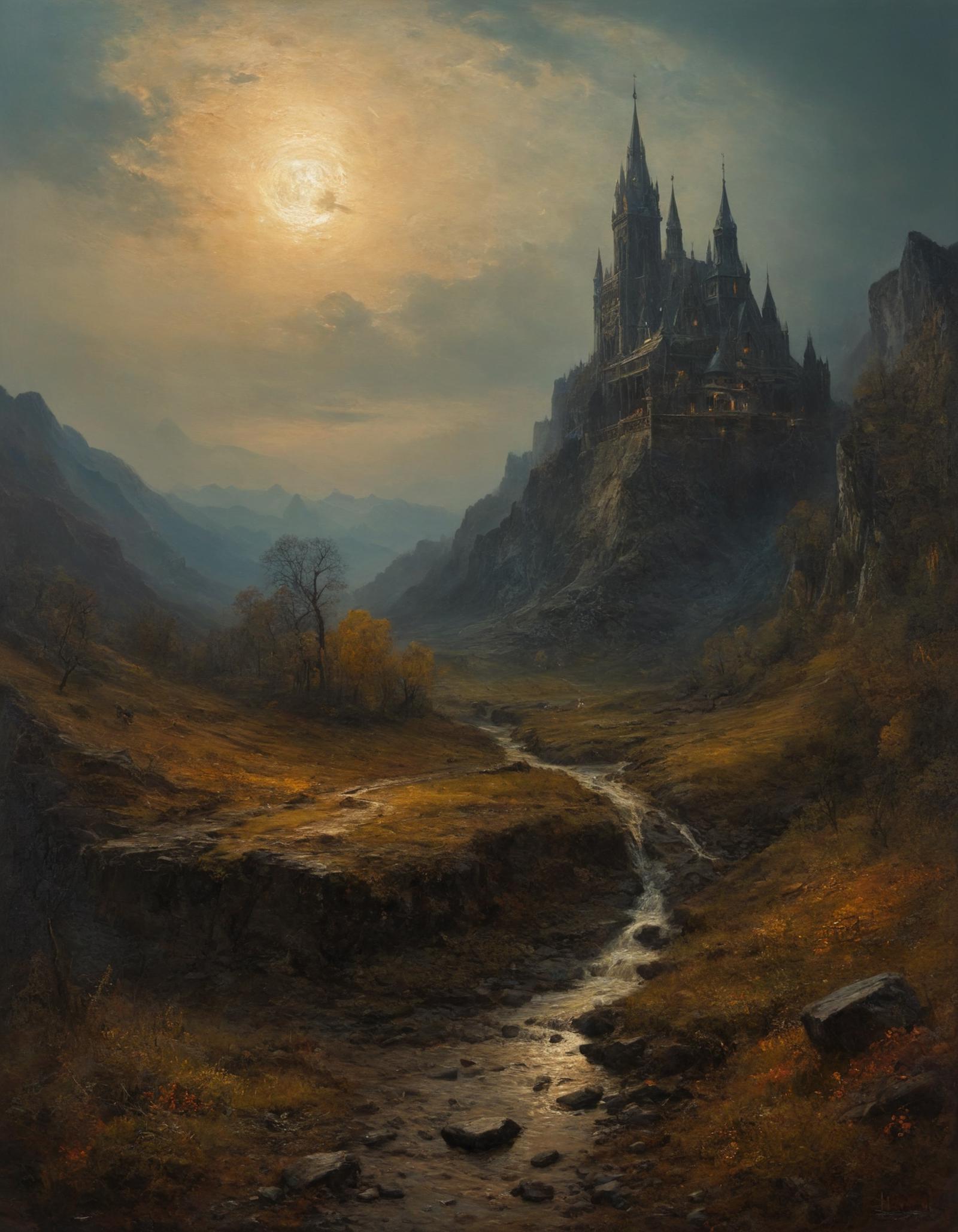 A painting of a castle near a mountain and a river at sunset.