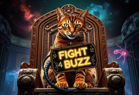 "A majestic Bengal cat with a coat of striking golden marbled fur and vivid black rosettes sits imperiously on a grand, throne-like perch made of intricately carved stone, faintly glowing with mystical symbols. Its eyes are sharp and gleaming with an otherworldly intelligence. The Bengal cat holds an imposing, larger-than-life Xenomorph alien from the movie *Alien* delicately in its mouth. The Xenomorph, with its glossy black exoskeleton, menacing elongated head, and sprawling tail, dangles with a mix of defiance and vulnerability.
Around the cat’s neck hangs a fancy, futuristic cardboard sign that reads ‘Fight 4 Buzz’ in bold, glowing neon letters. The sign is adorned with intricate, holographic designs that pulse rhythmically, adding a high-tech flair. The backdrop features a surreal blend of an eerie, futuristic space station interior merging with a cosmic vista of swirling galaxies and nebulae, creating an atmosphere of grandeur and otherworldly drama."