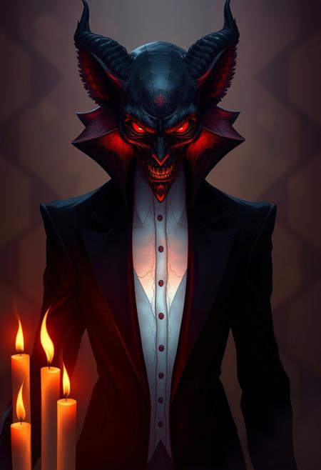 A sophisticated and elegant depiction of a sinister anthropomorphic being with a translucent body. Warm candlelight, rich burgundy and deep blue tones, flickering flames, warm glow. Mysterious, eerie, ethereal, haunting, ominous.