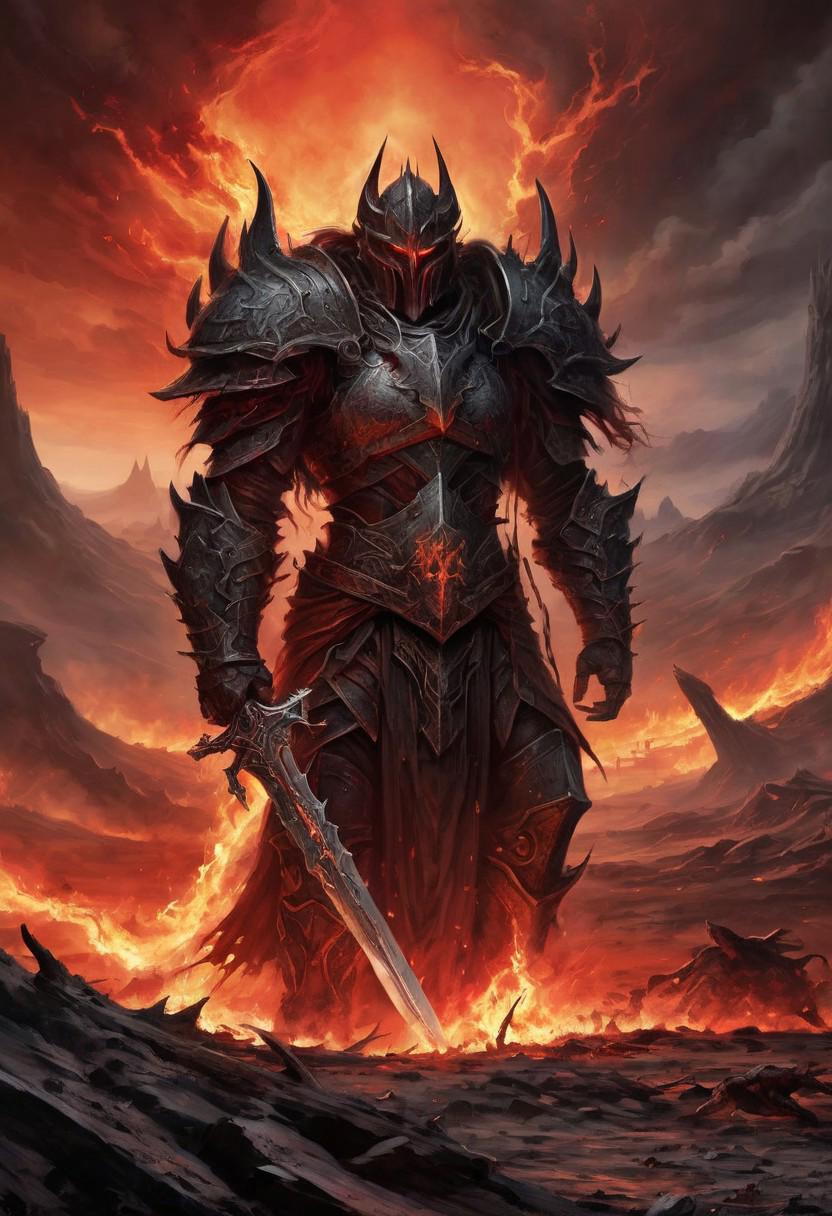 Under the blood-red sky of a forgotten battlefield, a towering warrior clad in blackened steel strides across the charred earth, his massive sword trailing behind him, leaving a trail of molten fire in its wake. His armor glows faintly with a crimson light, pulsating with the dark energy of the cursed blade he wields. Around him, the scorched remnants of fallen enemies litter the ground, their bones cracking beneath his heavy boots as he walks toward an ancient, crumbling gate in the distance. The air is thick with smoke and ash, the distant roar of dragons echoing across the barren landscape. The scene captures the epic scale of dark fantasy warfare, drawing from the brutal beauty of Berserk and the mythic intensity of The Lord of the Rings' battles.<lora:MysticFantasy>