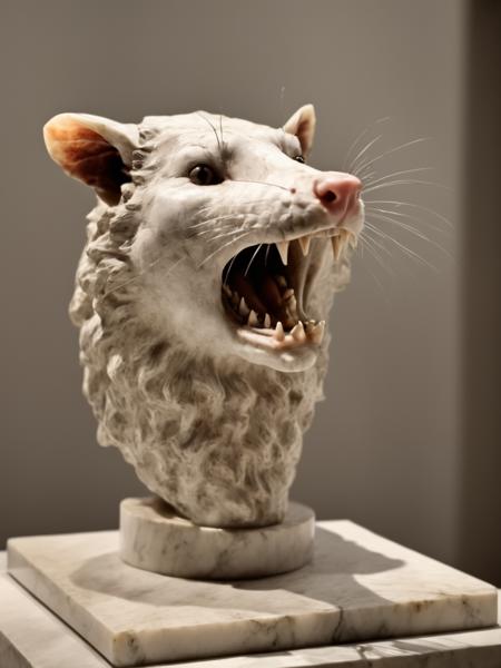 ((Marble sculpture)) Greek god, (head of a possum), (body of a man),  classic  sculpture simple museum hall, natural lighting, (chiaroscuro)   <lora:Opossum-possum-000002:1> possum,  open mouth