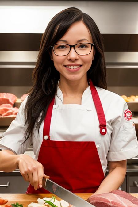 professional closeup portrait photo of attractive j0d14r1453 wearing glasses and smiling and wearing a chefs outfit, holding a butcher knife