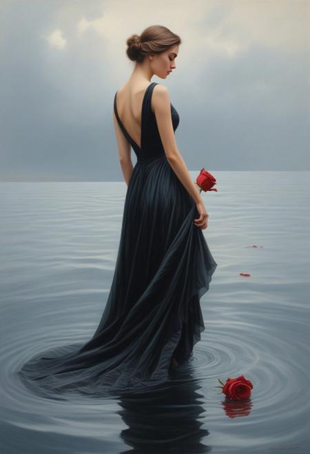 A hauntingly beautiful digital painting of a young woman dressed entirely in an elegant, flowing black gown, standing waist-deep in the calm waters of the sea. Her figure exudes grace and melancholy as she delicately holds a single crimson rose in her hand, just moments before letting it fall onto the glassy surface of the water. Her expression is serene yet filled with quiet sorrow, her gaze fixed on the rose as it begins to float away. Portrait full body, a painting of a very beautiful young woman Charming pencil sketches by Albert Eckhout, in full color In this fascinating acrylic painting you can see a charming woman. The dress is very elegant and very well made. This stunning image captures the viewer's attention with its vibrant tones and dreamlike atmosphere. The expertly crafted brush strokes and intricate details show the artist's skill, making the image truly captivating. Through vivid colors and meticulous execution, the painting showcases the artist's ability to create a stunning and visually striking depiction.