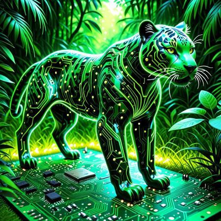 lazympos, depth of field, hyperrealistic, masterpiece, intrincate details, TzigoCBS,
a green panther made of circuit boards, (jungle background:1.2), glowing circuit patterned skin, lime theme, grass ground
BREAK
(glowing lime green flowers:1.5)