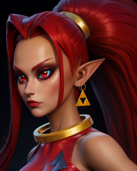 din,long red hair,pointy ears,red eyes,ponytail,makeup,
red bodysuit,jewelry,tri-force earrings,smile,
flames in background,night,
(insanely detailed, beautiful detailed face, masterpiece, detailed eyes, best quality),<lora:din-10ZD:0.8>,