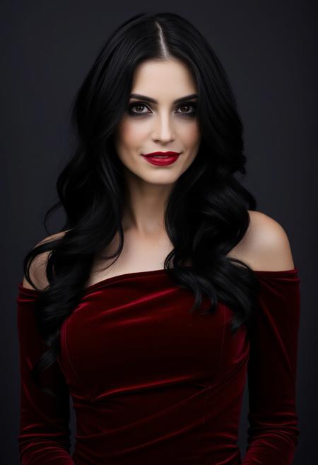 A striking, 40-year-old Caucasian woman, her pale skin contrasting with dark, sultry eyes. Her long, raven-black hair cascades in loose waves, framing a face adorned with gothic-inspired makeup: dark, smoky eyes and a deep, blood-red lip. She's dressed in a form-fitting, velvet gown, its deep crimson hue echoing the intensity of her gaze. Her posture is languid, exuding an air of both vulnerability and power. A knowing smirk plays on her lips, hinting at secrets and desires.