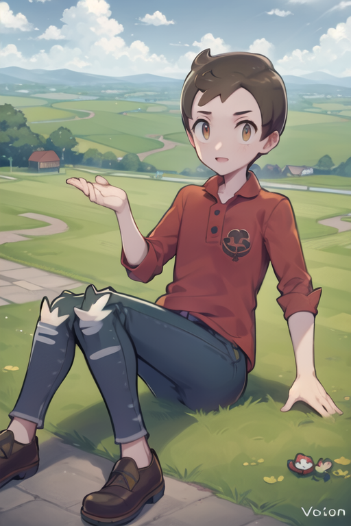 masterpiece, best quality, <lora:Victor:0.8>, victor \(pokemon\), jeans, torn legwear, red shirt, english countryside