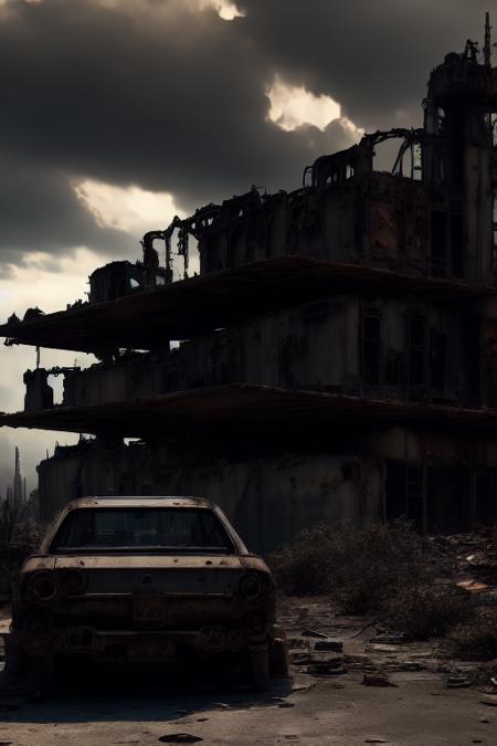 (PiroxiumDiffusion style:0.5), A post-apocalyptic wasteland with twisted metal ruins and toxic clouds, where scavengers eke out a living amidst the ruins.