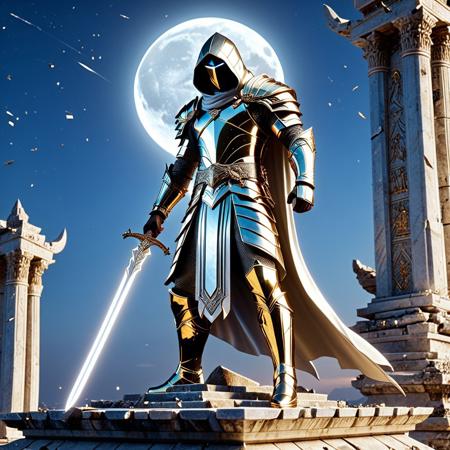 epic statue of a hooded swordsman made of l1qu1dp34rl, standing atop a ruined temple, moonlight glinting off his metal blade, intricate armor details with pearlescent sheen (from Pearlescent LoRA:0.7), dynamic pose as if mid-battle, shattered stone debris at his feet, cinematic volumetric lighting, hyper-realistic marble texture, 8k resolution, dramatic shadows, Unreal Engine 5 rendering, pearlescent <lora:liquidpearlXL:1>