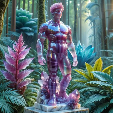 Alien-themed  <lora:Fluorite_Mineral_SDXL:1> fluorite mineral, iridiscent, flu0rite, a marble male muscular guardian statue made of fluorite, the backdrop a magical forest full of exotic colorful plants. The statue almost swallowed by the vegetation on this mystical forest   <lora:Marble&stone statues-sdxl1.0:1> statpl . Extraterrestrial, cosmic, otherworldly, mysterious, sci-fi, highly detailed