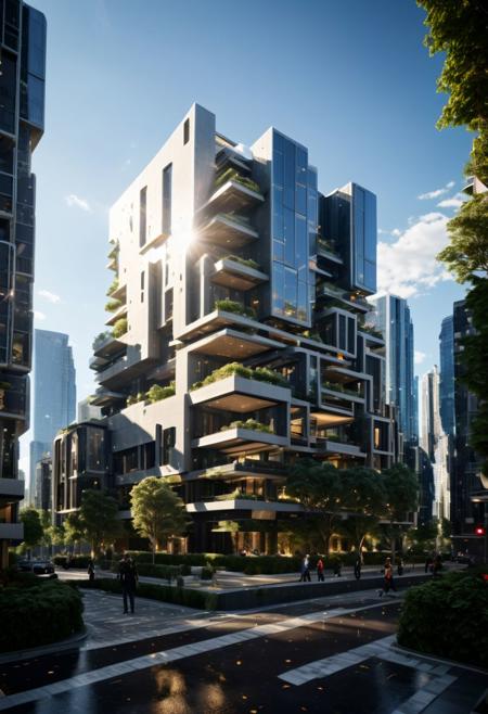 (((Modern style architecture, housing, luxury residence))),
outdoors, sky, tree, blue sky, no humans, ground vehicle, building, scenery, reflection, city, cityscape, bare tree, skyscraper, real world location,
(Large Files, Ultra Realistic, 8K, 16k, FHD, HD, VFX, Perfect, Photography, composition, Architecture Sales Photography, Architecture Competition, Ultra High Resolution, Cinematography, High Resolution Image:1.1), (dramatic lighting, direct sunlight, ray tracing, clear shadow:1.2), (real landscape:1.1), (blurred background:1.0), (urban background, more_details)  
(avant-garde, future, reality, science fiction, photorealistic), (modern architecture:1.2), White limestone with black granite, fountain, waterfall, landmark, square, path, narrow street,
(Large Files, Ultra Realistic, 8K, 16k, FHD, HD, VFX, Perfect, Photography, composition, Architecture Sales Photography, Architecture Competition, Ultra High Resolution, Cinematography, High Resolution Image:1.1), (dramatic lighting, direct sunlight, ray tracing, clear shadow:1.2),  (real landscape:1.1), (blurred background:1.0), (urban background, more_details) ,
great lighting, extremely detailed, clear, SteamPunk, futuresurban