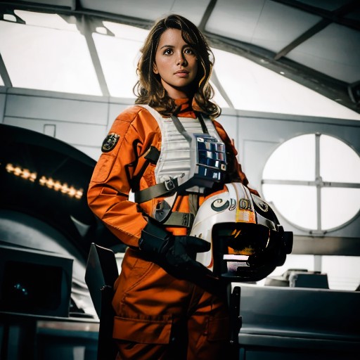 woman in rebel pilot suit <lora:rebelpilotsuit:1> in airforce hangar,very long hair, RAW photo, 8k uhd, dslr, soft lightin...