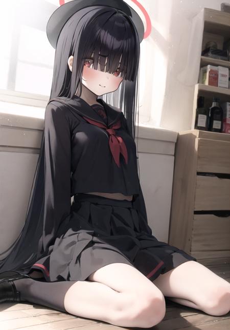 1girl,  solo, petite, mob-chan,
BREAK red_eyes, straight_hair, (very_long_hair), (blunt_bangs), (eyes visible through hair), medium_breasts, (blush), embarrassed, closed mouth, looking at viewer, light_smile,
BREAK black_socks, ((black_skirt)), ((sailor_collar)), black_footwear, (beret), black_hat, (halo:1.3), black_socks, hair_over_eyes,  black_hair, gloves, long_sleeves,  red neckerchief, pleated_skirt, loafers,  black_gloves,
BREAK (full_body), (wariza), sitting, on_ground,
BREAK wooden floor, sunshine, (tyndall_effect), (convenience_store),
((masterpiece)), (highres), (best_quality), (highly_detailed),  (original),(Delicate background),(extremely detailed 8K wallpaper),cinematic lighting, volume lighting, light particles, shaded_face, beautiful_detailed_eyes, depth_of_field, perspective,<lora:Mob-chan:1:lbw=char>,<lora:ç¥ç§lora K:0.8>,