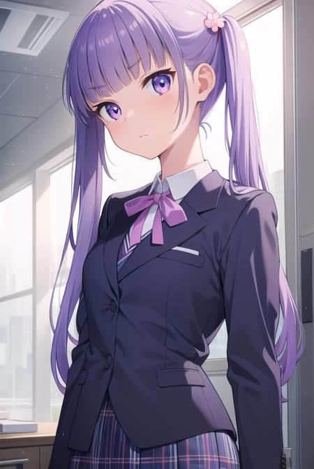 aobasuzukaze, <lora:aobatest:0.75>, 
aoba suzukaze, eyebrows, hair ornament, long hair, (purple eyes:1.1), purple hair, twintails,
BREAK blue skirt, bow, bowtie, business suit, dress shirt, formal, neck ribbon, pink bow, pink bowtie, pink ribbon, ribbon, shirt, skirt, skirt suit, suit, white shirt,
BREAK looking at viewer,
BREAK indoors, office,
BREAK <lora:GoodHands-vanilla:1>, (masterpiece:1.2), best quality, high resolution, unity 8k wallpaper, (illustration:0.8), (beautiful detailed eyes:1.6), extremely detailed face, perfect lighting, extremely detailed CG, (perfect hands, perfect anatomy),