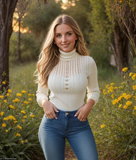 s3r4galo, 1girl, upper body, nature, outdoor, Colorful flowers, undergrowth, warm light, sunset, breast, smile, intricate, (detailed eyes), Jeans, shirt, turtleneck