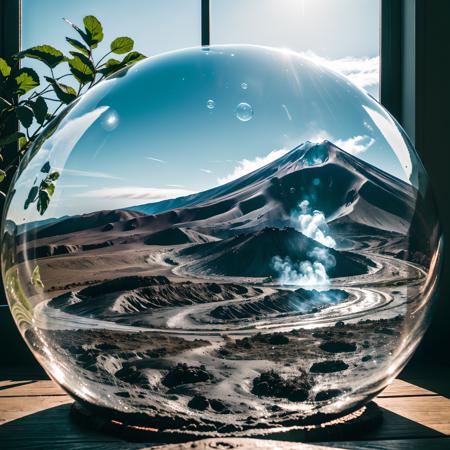 A miniature volcano inside a small glass bubble. The bubble is perfectly round, perfectly circular. Bubble is placed on the window sill. Volcano eruption with smoke and fire coming out, lava descends on the slopes of the mountain. Wooden window sill. Out of the window there are hills and green meadows. Extremely detailed, 8K, apocalyptic punk style, miniatures, macro photography in close-up. Distant point of view. (Distant viewpoint:1.5).