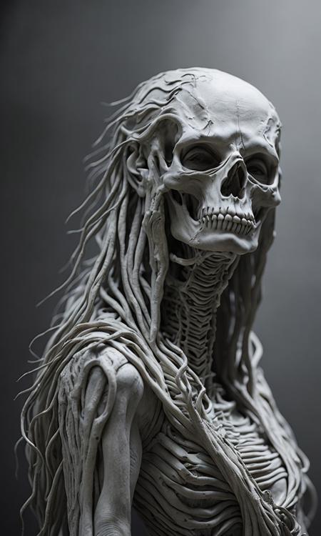 . ultra detailed marble and jade sculpture of a female necromancer, skeleton face, volumetric fog, Hyperrealism, breathtaking, ultra realistic, ultra detailed, cyber background, cinematic lighting, highly detailed, breathtaking, photography, stunning environment, wide-angle