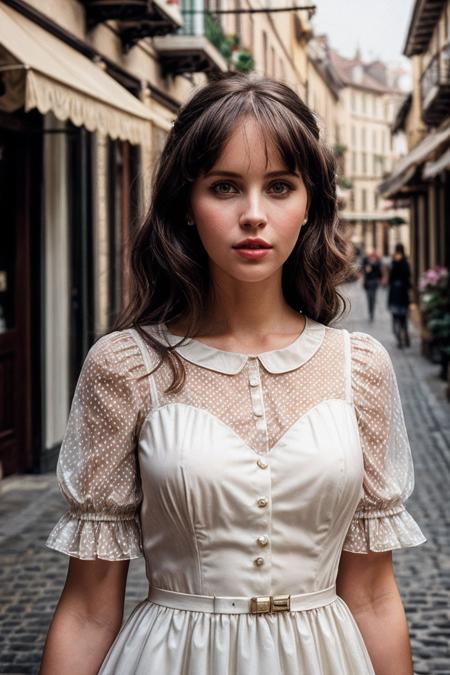 FelicityJ_SoloTI_v1,
(Clad in a retro polka-dot dress with a cinched waist and pearl accessories, complemented by a classic updo),
(Amidst a quaint town square, with cobblestone streets lined with charming boutiques and antique shops, where time seems to stand still:1.3),
(seductive:1.3),(analog, cinematic, film grain, hazy atmosphere, cinematic shot:1.3), 
 <lora:add_detail:1>, PA7_Portrait-MCU,