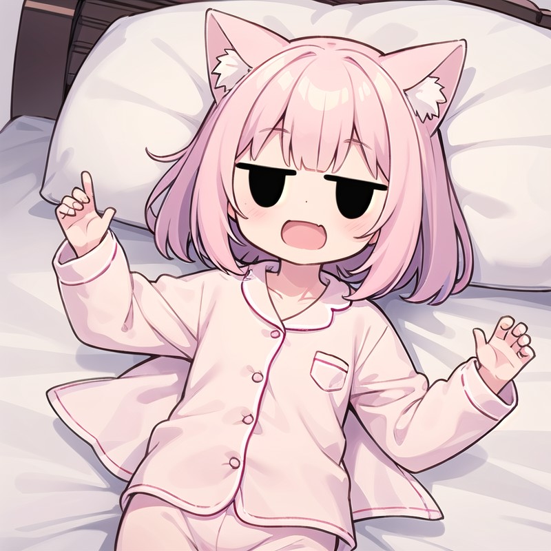 1girl, (chibi:1.4), BREAK, (wearing pink pajama:1.3), smile, open mouth, wavy mouth, red eyes, (lying on a bed, on back:1....