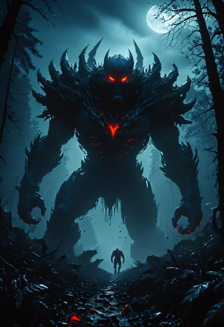 A menacing Forkid descends from the ominous, night sky, its metallic talons glistening as its humanoid visage emerges from the darkness, revealing glowing, bloodshot eyes intent on its quarry. The surrounding forest, thick with foliage, provides a spooky setting for this chilling scene.