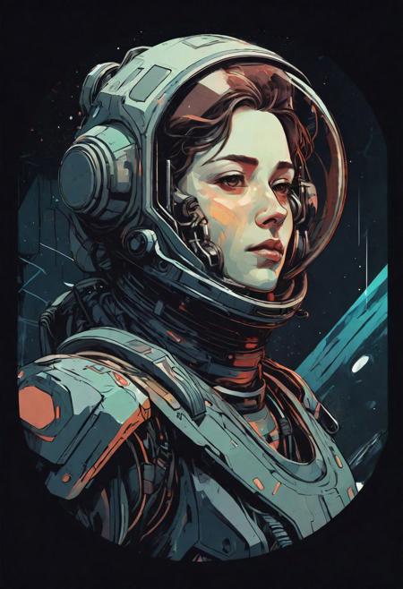 portrait, character,  sci fi gear, abstract, graphic style of drawing comics, dark space colour palette, vector illustration, muted colors, delicate details, high detailed, moody, Vrubel::1, Kuindzhi style::0.6
