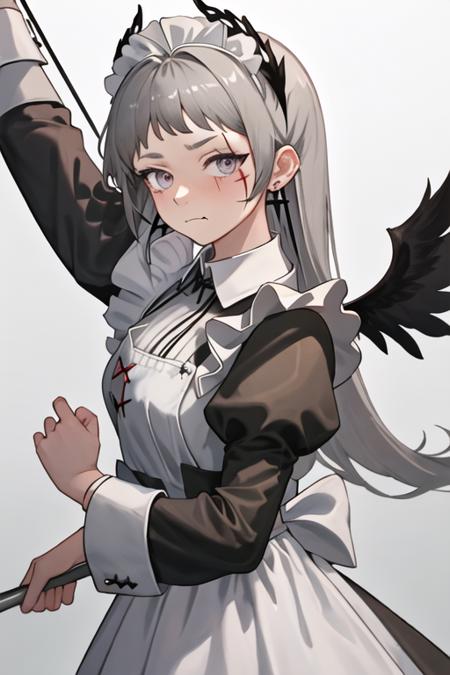 best quality, masterpiece, highres, solo, {maid:1.40}, {long maid dress:1.15}, {irene_arknights:1.15}, long_hair, grey_hair, head_wings, scar, scar_across_eye, grey_eyes, earrings, jewelry, scar_on_face, closed_mouth, upper_body, very_long_hair