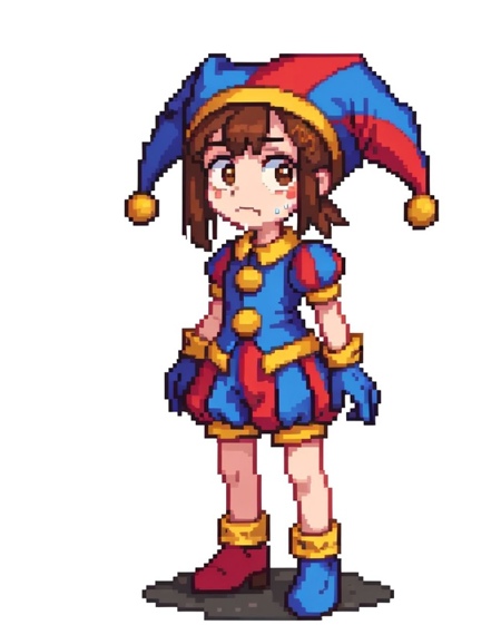 pomni, 1girl, solo, brown hair, (symbol-shaped pupils:1.1), jester cap, clown, multicolored headwear, puffy sleeves, short sleeves, hat,