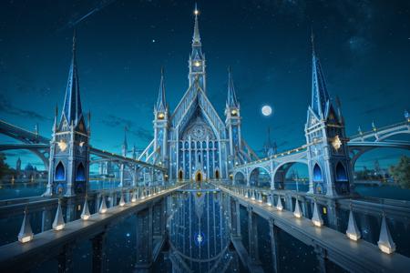 Conceptual art, European architecture, moon, night, scenery, sky, night sky, full moon, outdoors, star (sky), starry sky, solo, water, standing, tower, bridge, cloud, building, fantasy, tree, reflection,<lora:oushijainzhu:0.8>,