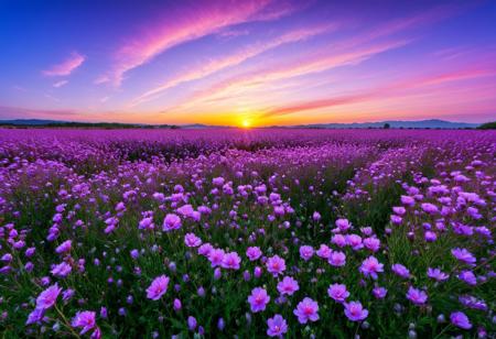 Real photography style pictures, 
high-definition, 
wide-angle, 
long-range. There are some blooming gesang flowers in the foreground, 
some red and purple, 
under the vast bright cloudless sky, 
warm and soft light, 
a field of gesang flowers of various colors is particularly beautiful, 
background, 
bright sky, 
the overall picture is bright, 
clear, 
fresh, 
light-sensitive, 
colorful, 
HDR, 
beautiful, 
glitter. Dof. Panoramic and clear.