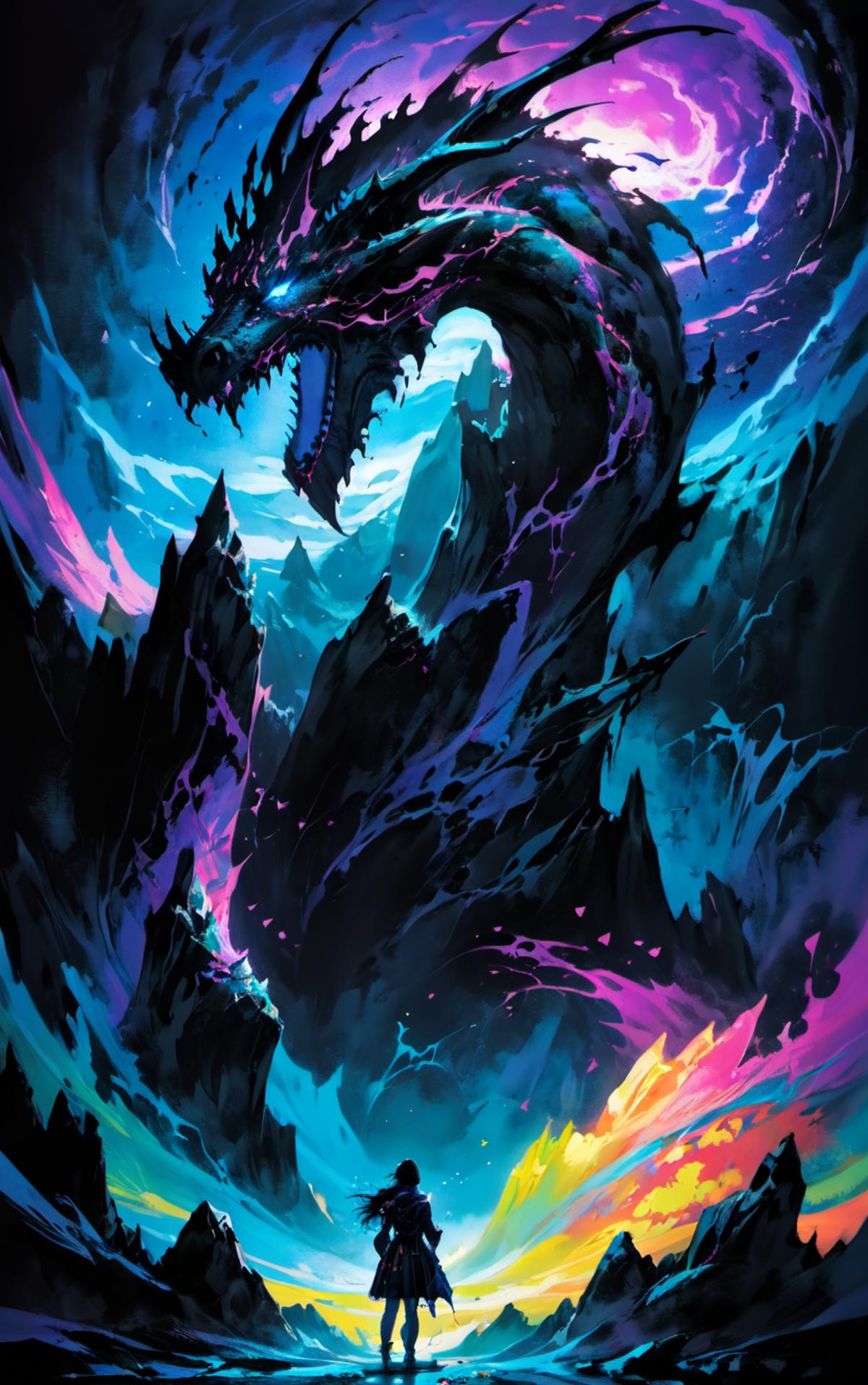 A large black dragon with blue eyes and purple and black scales, surrounded by a mountainous landscape.