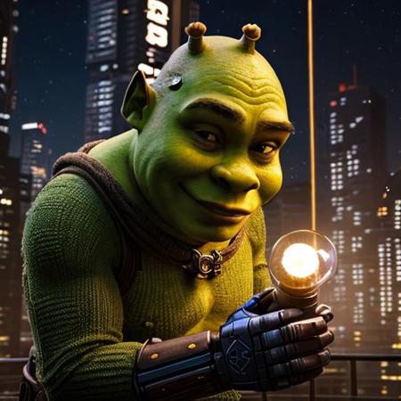 shrek is half robotic , he have a test tube alien in her hand, Cyberpunk Style,  (neon:1),  masterpiece, intricate, highly detailed, majestic, digital photography, hdr,  (night time:1.2) ,,detailed alien resurection