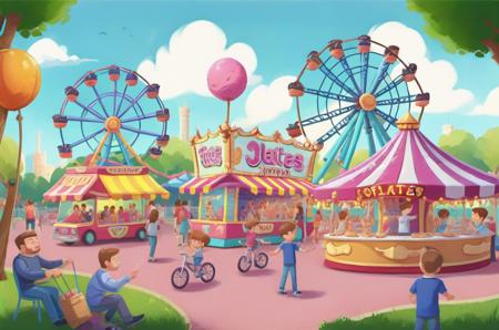 background Amusement Park: Colorful rides, cotton candy vendors, joyful laughter, roller coasters, carousel, games of skill., v3rd, flatee, <lora:BACKTOON_0.1_RC:0.6>