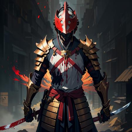 photorealistic, (hyperrealistic:1.2), beautiful, masterpiece, best quality, extremely detailed face, perfect lighting,  WarriorStyle, weapon, sword, japanese armor, armor, holding weapon, holding, holding sword, katana, hat, shoulder armor, samurai, helmet, kabuto (helmet), 1boy, blood, red eyes, male focus, standing, solo, japanese clothes, sheath, mask, face mask, covered mouth, glowing, glowing eyes, detailed hands and fingers,