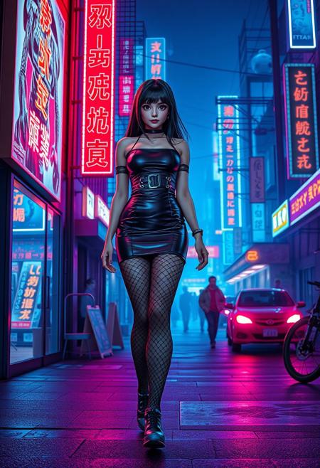 cyberpunk anime style, sci-fi female goth girl in tight  short leader dress, very shiny  pantyhose and a layer of fishnet pantyhose , walking with confidence  on a cyberpunk street, with neon signs and large adverts featuring robots, red and blue colour theme