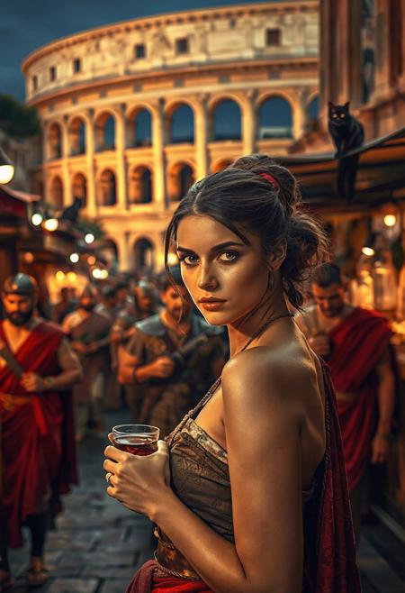 Setting is a 1st century Roman Empire market in Rome at night, the market is comprised of street vendors selling, food, weapons, and clothing. Everyone and everything in the image is appropriate for a scene from Ancient Rome, People wearing Roman clothing are walking through the street market shopping and eating, in the foreground is a merchant selling beverages and food at a market kiosk, (((a beautiful woman, 24 years old is standing in the foreground, the woman  facing the viewer with a cup of alcohol beverage in her hand. Her eyes are beautiful and focused on the viewer, she has an expression of interested curiosity))), Roman Soldiers are walking behind the beautiful woman, one of the solders turns to look at the beautiful woman, many people are walking by in the busy street market, the woman is dressed in high fashion Roman Empire clothing with an alluringly sexual, but traditional roman aesthetic. The woman's hair is elegantly tied up with a ribbon. Artistic ancient Roman aesthetic, dynamic perspective, (((overall architectural aesthetic is Ancient Rome in 1st Century Roman Empire era))).  Epic image that elicits a feeling of wonder and awe, Rome Coliseum Roman Forum architecture in background, a sleek black cat with red collar is visible sitting on a kiosk roof in the background,