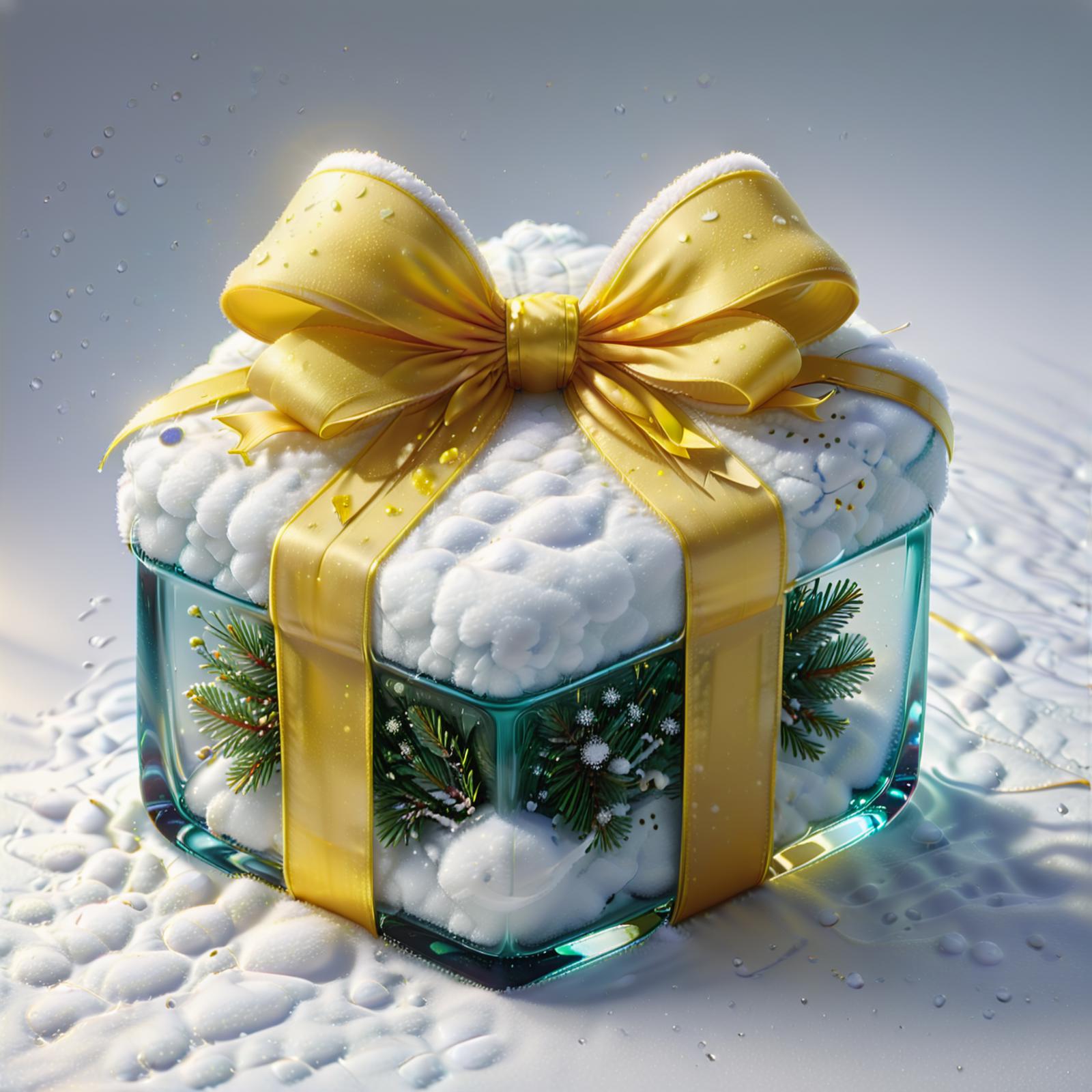 A Snowy Gift Box with a Yellow Bow and Snowflakes.