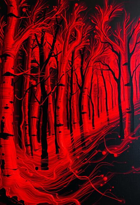 A hyper-stylistic, extremely detailed image depicts a breathtaking painting, crafted from a combination of smeared red and black metallic paint. A burning forest at night is captured in a streaked motion, as if it is moving rapidly in one direction. The red paint is applied in bold, dynamic strokes, creating a sense of energy and movement that is contrasted beautifully by the black accents. The black paint is used to highlight the forest's features, adding a sense of depth and dimensionality to the image. The overall effect is one of breathtaking, surreal dynamism, as if the viewer has captured a fleeting moment in time. Every detail of the image is meticulously crafted, from the delicate, swirling patterns of the red paint to the intricate, textured patterns of the black paint. The contrasts between light and dark, color and texture, create a sense of tension and energy that draws the viewer in, inviting them to explore the kinetic world of the painting. highest-Quality, intricate details, visually stunning, Masterpiece