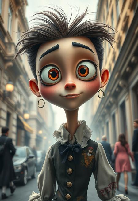 A hyper-stylized animated character with exaggerated eyes and expressions, but set in a high-contrast, documentary-style urban street scene, blending vibrant animation with raw realism., surreal fashion photography, romantic landscape watercolor, ethereal atmosphere, classical elegance, dreamlike compositions, fine art portraiture, soft lighting, historical costume fusion, modern surrealism, 19th century british romanticism, muted color palette, painterly textures, architectural backdrops, layered symbolism, poised figures, cinematic staging, nature-infused settings, refined drama