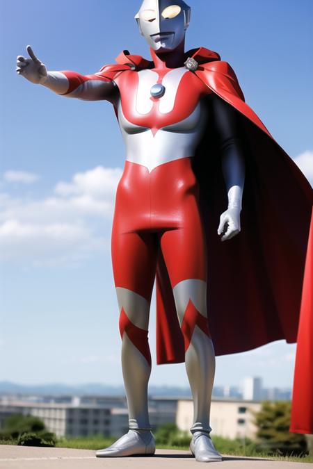 Best quality, masterpiece,
1boy, <lora:Ultraman:0.7>, Ultraman, bald, bodysuit, boots, gem, giant, gloves, helmet, pilot_suit, plugsuit, red cape, realistic, solo,
a giant in city, blue sky background, full body,