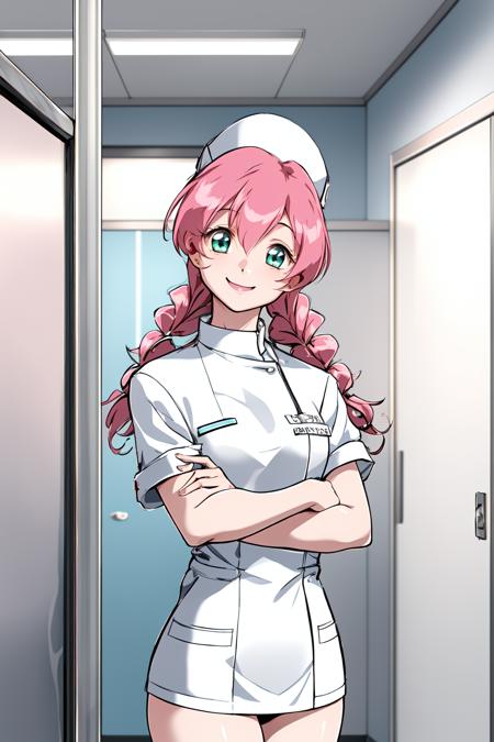 (RAW photo, best quality), 1girl,  natural lighting, indoor, hospital, operating room,  <lora:innai_kansen_yoneda_shiori_v2_2-000004:1>, yoneda shiori, nurse, nurse cap, smile,