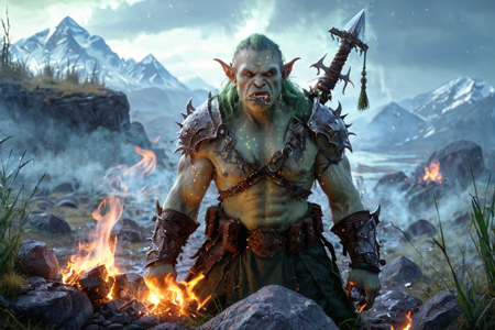 bioluminescent, an orc pit fighter with green skin, wearing minimal armor, holding a spiked mace, solo, from the Ironjaw Clan, with iron armor pieces and black tattoos, open plains with tall grass, scattered rocks, distant mountains, detailed background, performing a ritual, chanting around a fire, angry, clenched jaw, dynamic angle, wide shot, a shamanic ritual with orcs chanting, bonfire blazing, bones scattered, a cloth bandage, nearby, on an icy slope, slippery surface, rainy, steady rain, muddy ground, overcast sky, morning, soft sunlight, dew on grass, fresh air, best quality, vibrant colors, photorealistic style, high detail, high-definition, hyper-realistic, extremely high-resolution details, fine texture, incredibly lifelike, realistic, not cartoon, not drawing, highres, 4K resolution, source photo, realistic photo, masterpiece, best quality, amazing quality, very aesthetic, ultra-detailed, detailed textures, natural lighting, soft lighting, orc earth tones, greens, browns, grays, torchlight, warm flickering glow, high angle shot, looking down, <lora:Mystic_Lumina_r1-000007:0.9>
