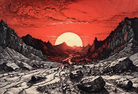nuclear waste, nuclear explosion on in background, red sun dawn behind mountains, extremely detailed, (highly detailed:3), close-up, (etching:3)  (max screck) B&W