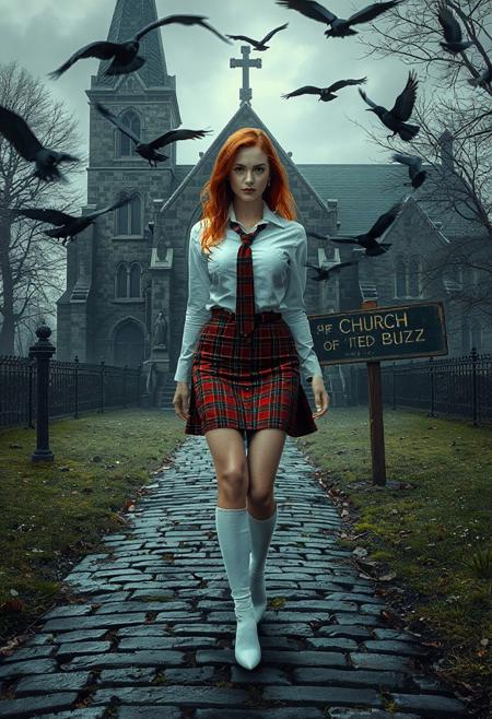 (masterpiece, ultra-detailed, high-resolution, cinematic lighting, photorealistic).
A hot redhead woman in red plaid skirt, white long sleeve button down shirt, uniform red plaid tie that matches skirt, knee high white socks,  sexy voluptuous body, beautiful face, is walking on cobblestone path  in front of an old gothic church, ravens flying around:0.8, mystery and dark:0.8, horror, foggy, old sign on pathway to church says “CHURCH OF THE SACRED BUZZ”:2.5,