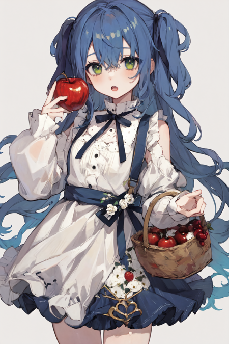 best quality, masterpiece, extremely detailed, detailed background, 1girl, fruit, food, solo, dress, basket, long hair, white dress, holding, green eyes, open mouth, holding food, apple, holding fruit, long sleeves, blue hair, looking at viewer, white background, holding basket, bangs, hair between eyes, flower, simple background, frills, hair bow, ribbon, bow <lora:bacheally128dim-epoch-000006:1>