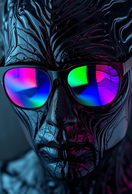 "Create a hyper-realistic image of a face composed of oil spill, with a dark, viscous texture and a mesmerizing iridescence. The face is intricately detailed, with every ripple and imperfection visible. The oil seems to shift and flow like a liquid, as if it's still moving. The face is wearing a pair of glasses with Holographic colored lenses, which shimmer and glow with a rainbow of colors. The lenses seem to shift and change as the viewer looks at them, creating a dizzying, holographic effect. The overall effect is one of eerie, futuristic beauty." highest-Quality, 8 k, intricate details, visually stunning, Masterpiece