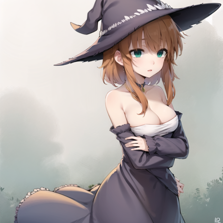 Dorothy an anime girl in purple dress, dressed like a witch, 1girl, solo, breasts, hat, witch hat, dress, cleavage, detached sleeves, bare shoulders, purple dress, medium breasts, green eyes, orange hair, strapless, strapless dress, outdoors, nature background, Dorothy,