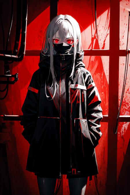 masterpiece, best quality, illustration, science fiction, black red theme, 1girl, looking down at viewer, hands in pockets, skinny, detailed messy grey hair, glowing red eyes, black techwear coat, black mouth mask, wire, cable, (backlighting)