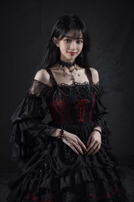 best quality, masterpiece, photorealistic, 1girl, solo, cowboy shot, standing, long black hair, straight hair, blunt bangs, looking at viewer, smile, lo dress, gothic, detached sleeves, necklace, choker, long sleeves, wide sleeves, simple background, <lora:lo_dress_gothic_style1_v2:0.7>