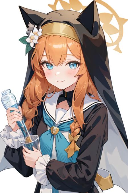 best quality, masterpiece, highres, solo, {mari_bluearchive:1.15}, long_hair, orange_hair, flower, blue_eyes, halo, bangs, blush, animal_ears, hair_ornament, animal_ear_fluff, hair_flower, smile, hairband, white_hairband, hair_between_eyes, 1girl, animal_ear_headwear, blue_neckerchief, braid, habit, hat, hat_flower, long_sleeves, looking_at_viewer, neckerchief, nun, sailor_collar, simple_background, single_braid, white_sailor_collar, dress, white_background, white_flower, closed_mouth