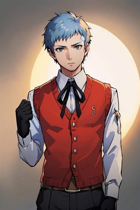 (masterpiece, best quality:1.2), solo, male focus, 1boy, sanada akihiko, expressionless, looking at viewer, school uniform, red vest, sweater vest, neck ribbon, black gloves, black pants <lora:persona3_akihikosanada:1.0>